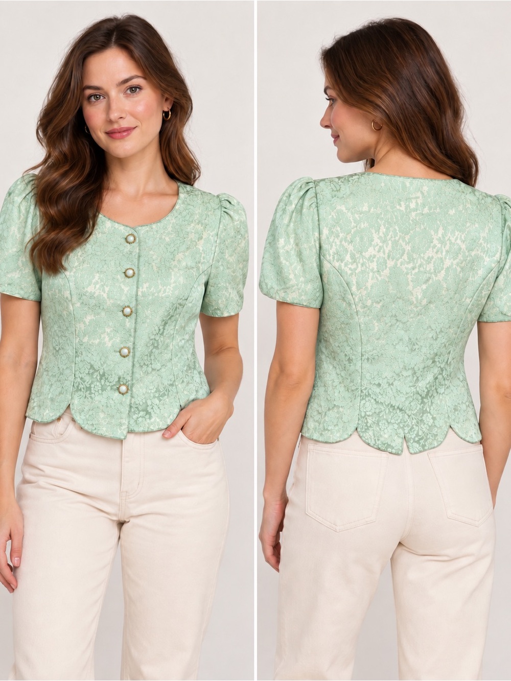 Vintage Petites Mint Green Lace-Textured Puff Sleeve Button Front Top Size 8P